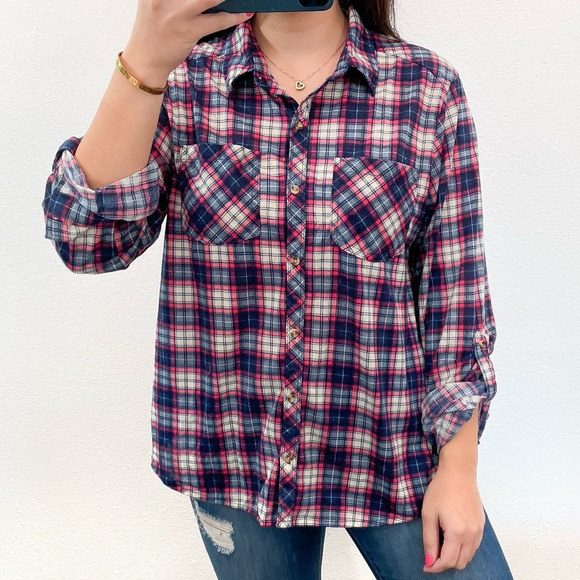 Passport Tops - Pink and blue cream plaid button up shirt